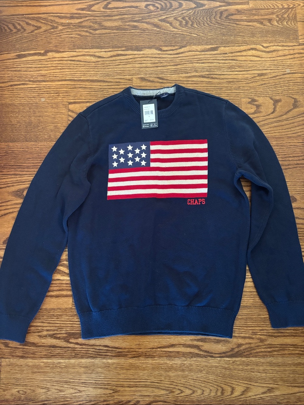 Chaps Navy Crewneck Sweater with American Flag